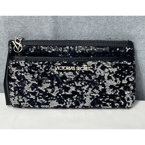 Victoria’s Secret Black Sequin Makeup Bag Y2K Glam Zip Cosmetic Pouch